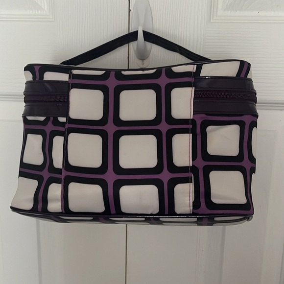 Sonia Kashuk travel bag double zippers train case top handle purple geometric - Picture 6 of 15